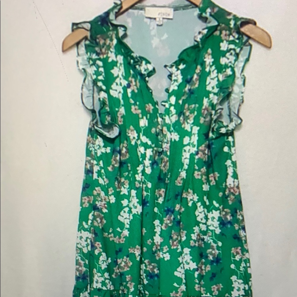 Pinch Green Ruffled Blouse with White Accents